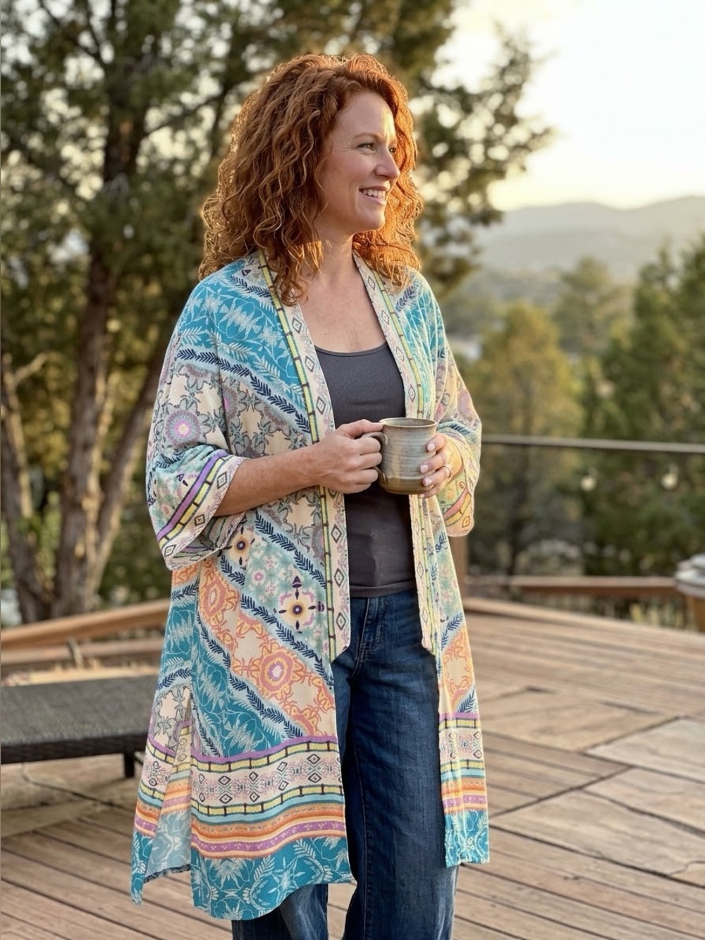 Umgee Blue Multi-Color Patterned Kimono Shrug